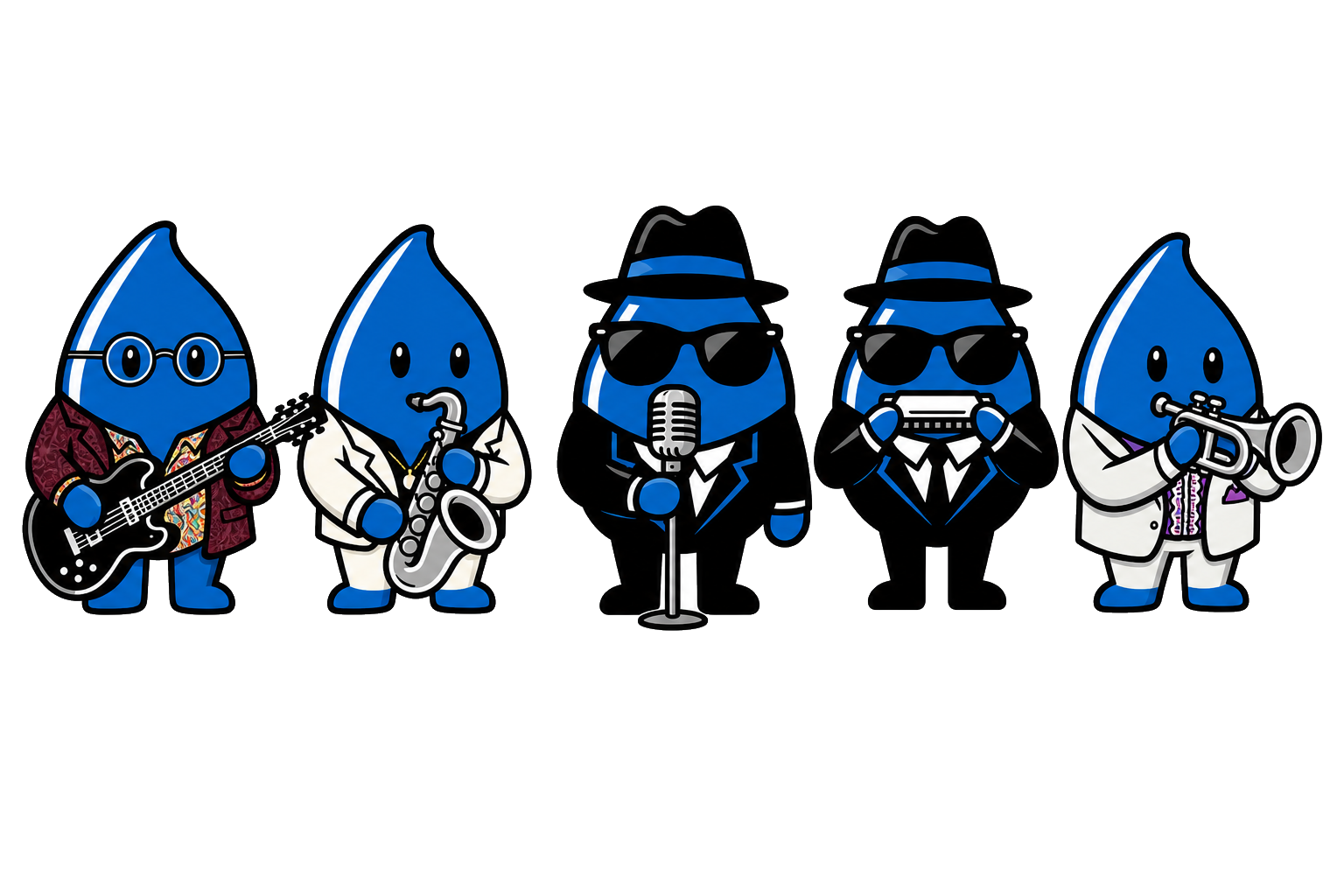 Five Drupal drop characters as a blues band: guitar, saxophone, vocals, harmonica, and trumpet